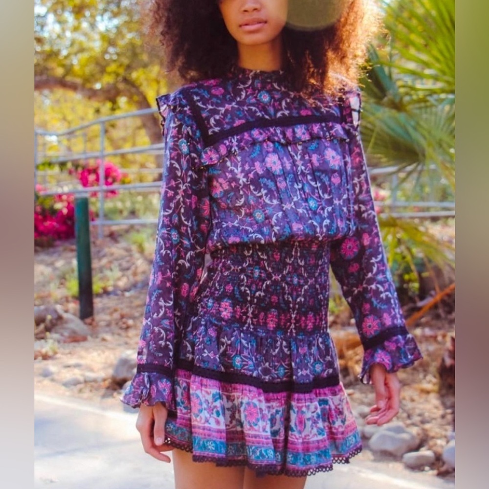 Floral Ruffle Long-Sleeve Mini Dress in Purple and Pink